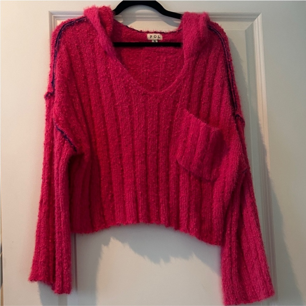 POL Women's Fushia Hot Pink V-Neck Sweater with hood